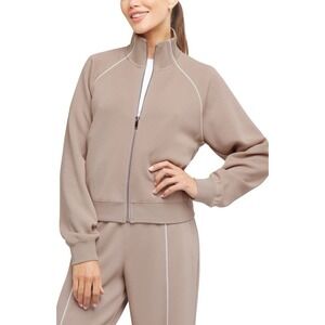 Spanx AirPique Zip Front Cropped Track Jacket Taupe White Piping Medium Fit M